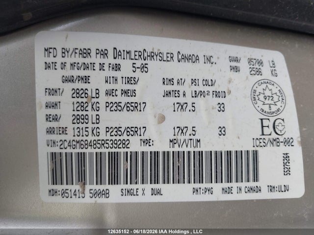 2005 Chrysler Pacifica Touring მანქანა იყიდება აუქციონზე, vin: 2C4GM68485R539282, აუქციონის ნომერი: 12635152