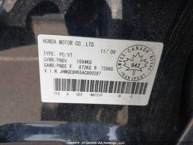 2010 Honda Fit Lx მანქანა იყიდება აუქციონზე, vin: JHMGE8H55AC800287, აუქციონის ნომერი: 12660879