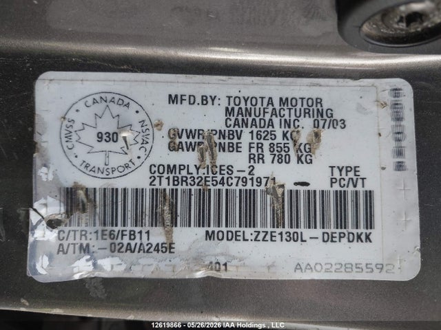 Продаж на аукціоні авто 2004 Toyota Corolla Ce/le/sport, vin: 2T1BR32E54C791971, номер лоту: 12619866