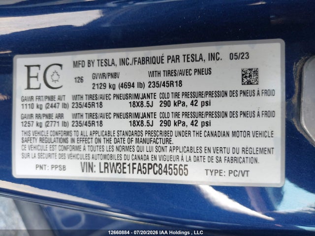 Продаж на аукціоні авто 2023 Tesla Model 3, vin: LRW3E1FA5PC845565, номер лоту: 12660884