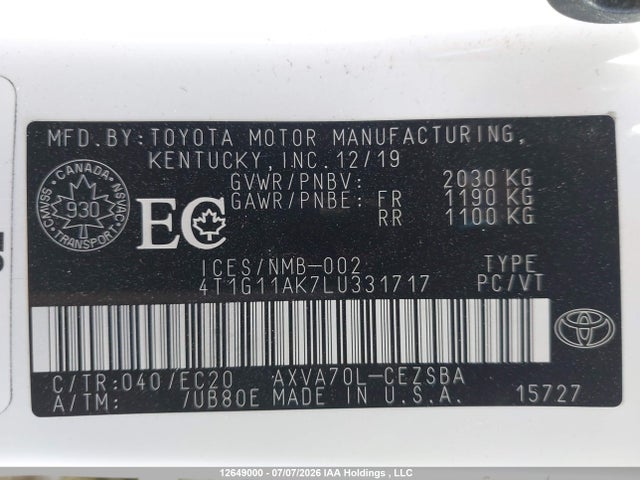 12649000 :رقم المزاد ، 4T1G11AK7LU331717 vin ، 2020 Toyota Camry Se مزاد بيع
