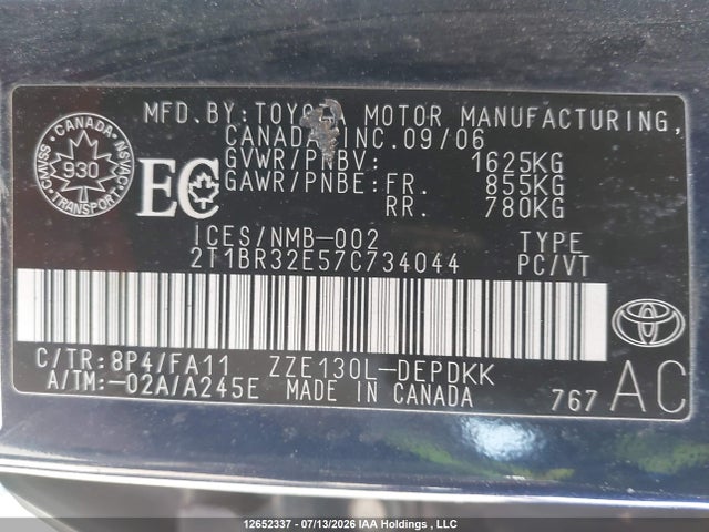 Продаж на аукціоні авто 2007 Toyota Corolla Ce/le/sport, vin: 2T1BR32E57C734044, номер лоту: 12652337