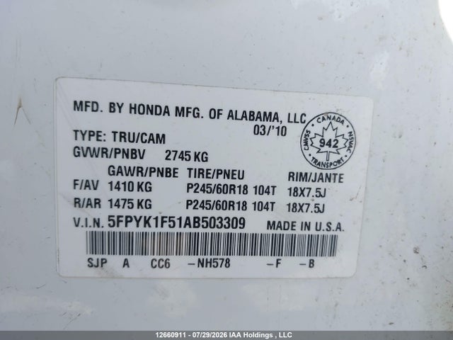 Продажа на аукционе авто 2010 Honda Ridgeline Ex-l/vp, vin: 5FPYK1F51AB503309, номер лота: 12660911