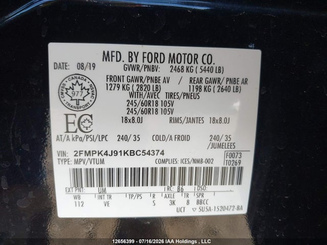 Aukcja sprzedaży 2019 Ford Edge Sel, vin: 2FMPK4J91KBC54374, numer aukcji: 12656399