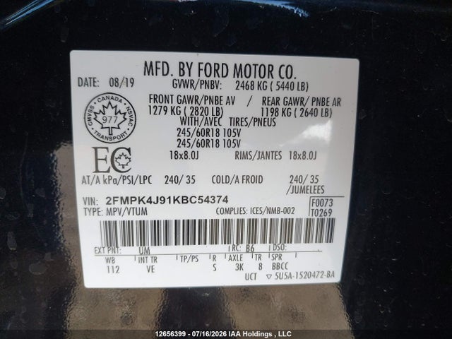 Aukcja sprzedaży 2019 Ford Edge Sel, vin: 2FMPK4J91KBC54374, numer aukcji: 12656399