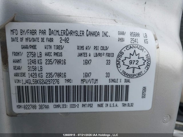 Продаж на аукціоні авто 2002 Jeep Liberty Limited, vin: 1J4GL58K62W297276, номер лоту: 12660915