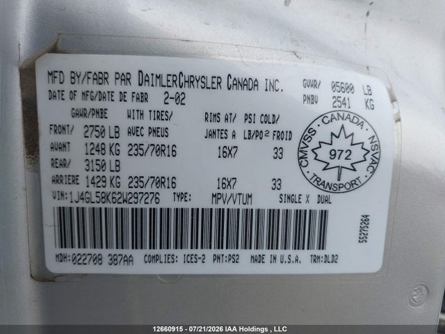 Продаж на аукціоні авто 2002 Jeep Liberty Limited, vin: 1J4GL58K62W297276, номер лоту: 12660915