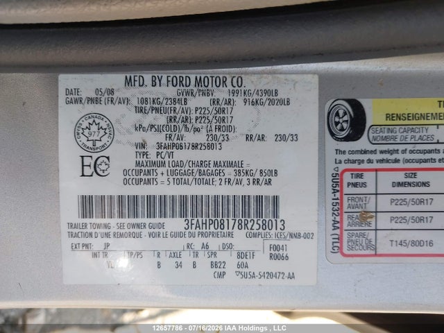 Aukcja sprzedaży 2008 Ford Fusion Sel, vin: 3FAHP08178R258013, numer aukcji: 12657786