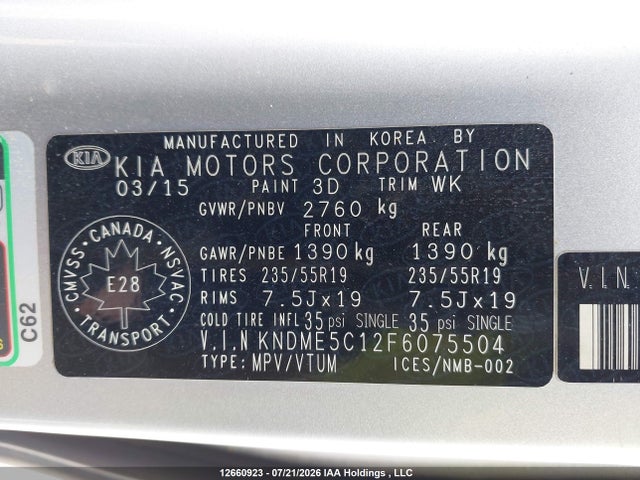 12660923 :رقم المزاد ، KNDME5C12F6075504 vin ، 2015 Kia Sedona Sxl مزاد بيع