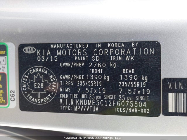 12660923 :رقم المزاد ، KNDME5C12F6075504 vin ، 2015 Kia Sedona Sxl مزاد بيع