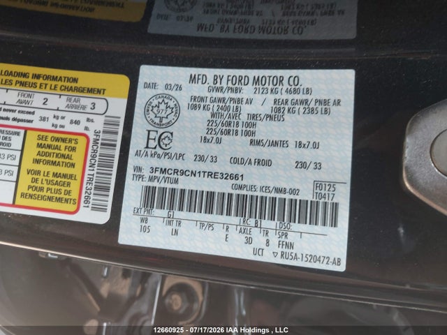 2026 Ford Bronco Sport Outer Banks მანქანა იყიდება აუქციონზე, vin: 3FMCR9CN1TRE32661, აუქციონის ნომერი: 12660925