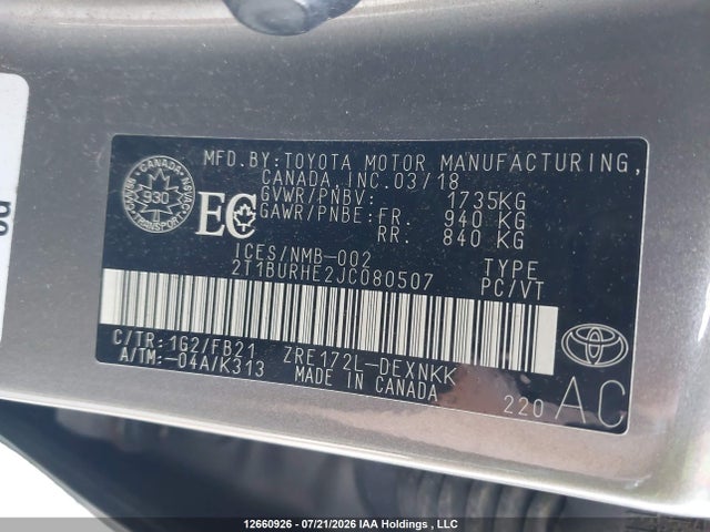 2T1BURHE2JC080507 Toyota COROLLA LE
