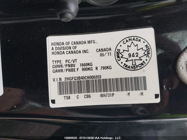 Продаж на аукціоні авто 2012 Honda Civic Lx, vin: 2HGFG3B40CH000203, номер лоту: 12660935
