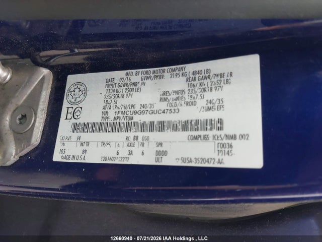 Продажа на аукционе авто 2016 Ford Escape Se, vin: 1FMCU9G97GUC47539, номер лота: 12660940
