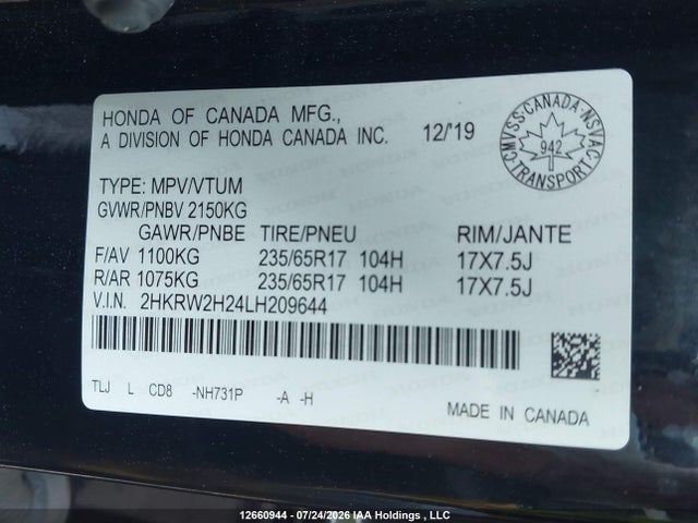 2HKRW2H24LH209644 Honda CR-V LX