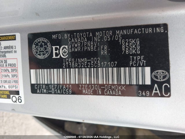 12660945 :رقم المزاد ، 2T1BR32E25C917107 vin ، 2005 Toyota Corolla Ce/le/s مزاد بيع