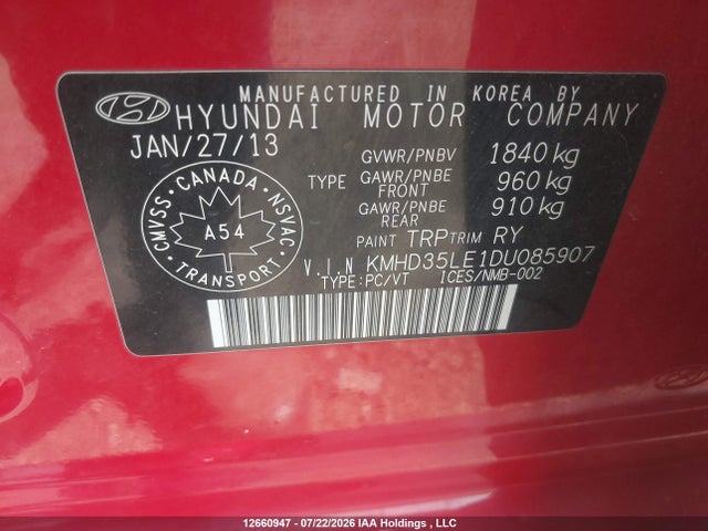 Продажа на аукционе авто 2013 Hyundai Elantra Gt, vin: KMHD35LE1DU085907, номер лота: 12660947
