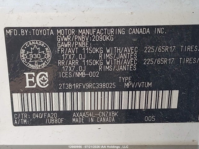 12660956 :رقم المزاد ، 2T3B1RFV9RC398025 vin ، 2024 Toyota Rav4 Le مزاد بيع