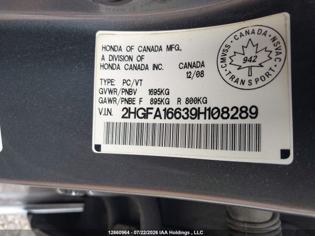 2009 Honda Civic Sport მანქანა იყიდება აუქციონზე, vin: 2HGFA16639H108289, აუქციონის ნომერი: 12660964