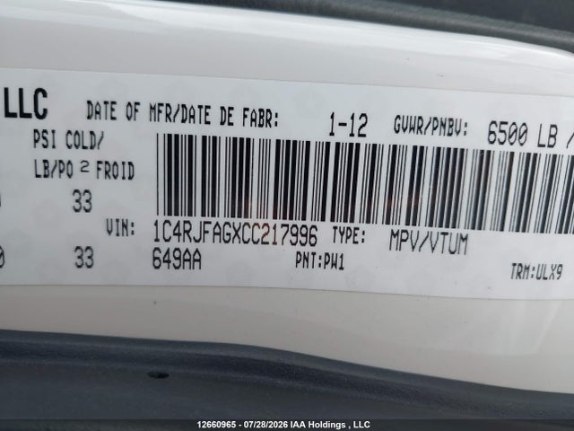 Продаж на аукціоні авто 2012 Jeep Grand Cherokee, vin: 1C4RJFAGXCC217996, номер лоту: 12660965