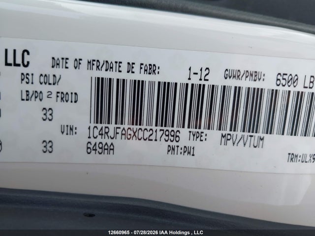 Продаж на аукціоні авто 2012 Jeep Grand Cherokee, vin: 1C4RJFAGXCC217996, номер лоту: 12660965