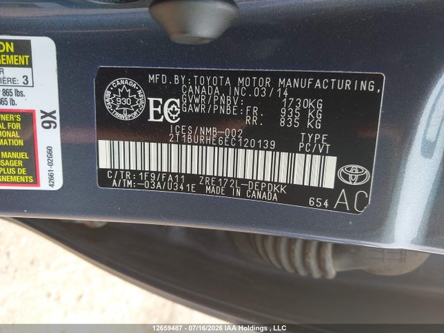 2014 Toyota Corolla Ce მანქანა იყიდება აუქციონზე, vin: 2T1BURHE6EC120139, აუქციონის ნომერი: 12659487