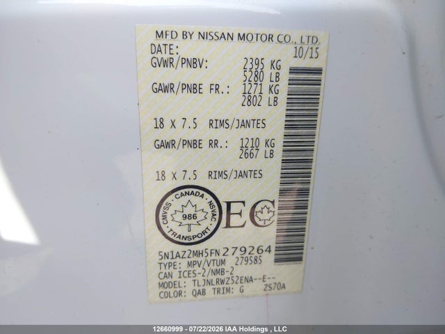 Продаж на аукціоні авто 2015 Nissan Murano, vin: 5N1AZ2MH5FN279264, номер лоту: 12660999