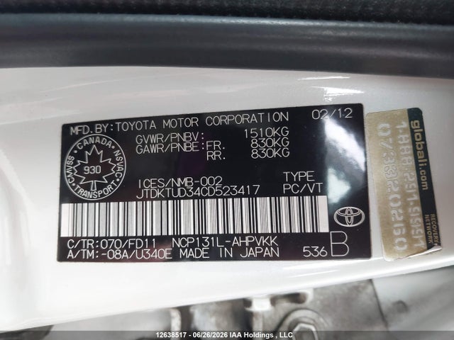 Aukcja sprzedaży 2012 Toyota Yaris, vin: JTDKTUD34CD523417, numer aukcji: 12638517