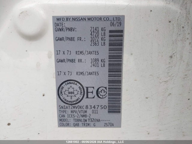 2019 Nissan Rogue S/sl/sv მანქანა იყიდება აუქციონზე, vin: 5N1AT2MV0KC834750, აუქციონის ნომერი: 12661002