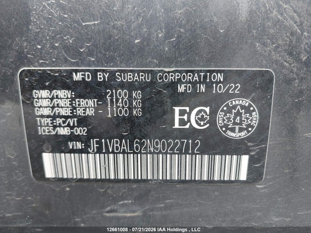 Aukcja sprzedaży 2022 Subaru Wrx Sport-tech, vin: JF1VBAL62N9022712, numer aukcji: 12661008