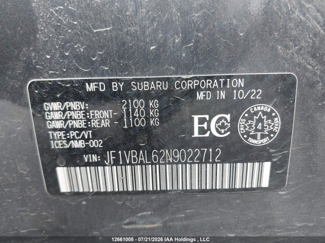 Aukcja sprzedaży 2022 Subaru Wrx Sport-tech, vin: JF1VBAL62N9022712, numer aukcji: 12661008