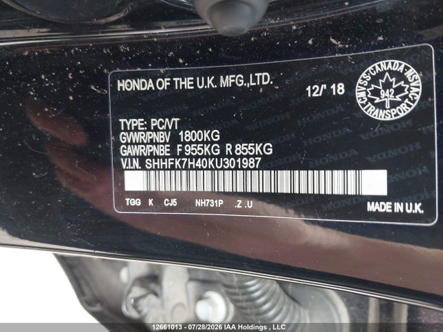 SHHFK7H40KU301987 Honda Civic Sport