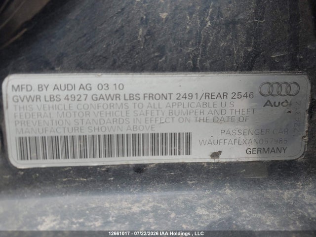 12661017 :رقم المزاد ، WAUFFAFLXAN057985 vin ، 2010 Audi A4 Quattro مزاد بيع