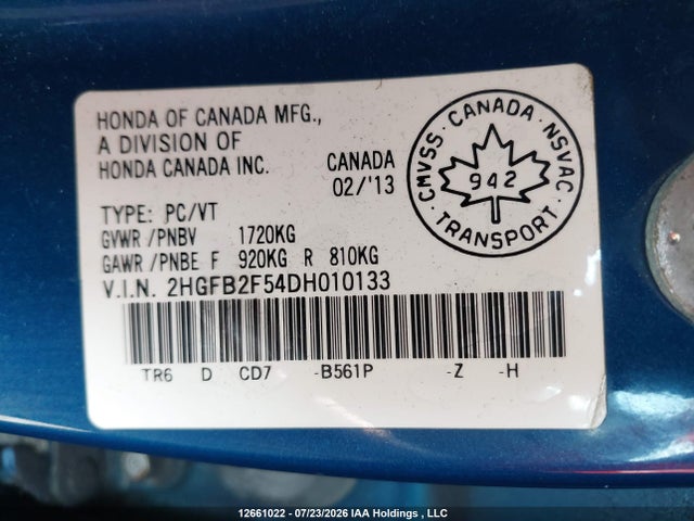2013 Honda Civic Ex მანქანა იყიდება აუქციონზე, vin: 2HGFB2F54DH010133, აუქციონის ნომერი: 12661022