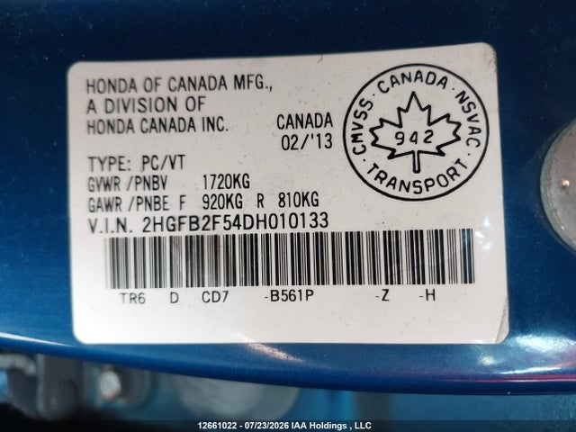 2013 Honda Civic Ex მანქანა იყიდება აუქციონზე, vin: 2HGFB2F54DH010133, აუქციონის ნომერი: 12661022