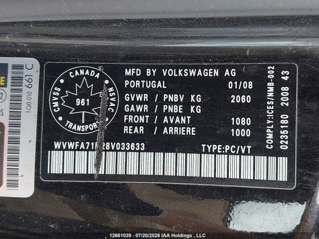 Продажа на аукционе авто 2008 Volkswagen Eos 2.0t Trendline, vin: WVWFA71F28V033633, номер лота: 12661039