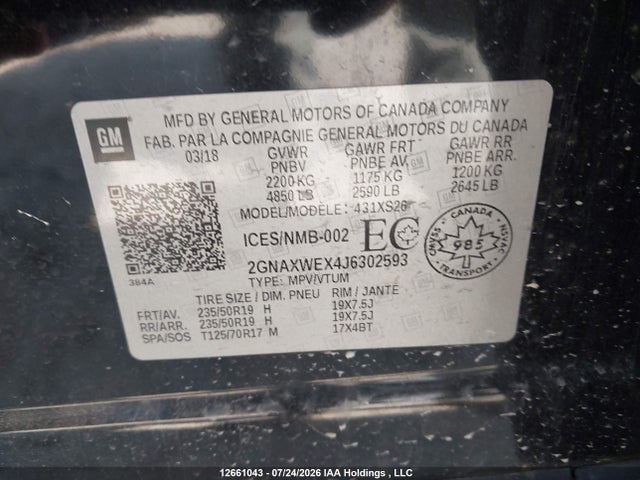 Aukcja sprzedaży 2018 Chevrolet Equinox Premier, vin: 2GNAXWEX4J6302593, numer aukcji: 12661043