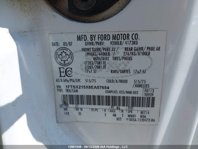 12661049 :رقم المزاد ، 1FTSX215X8EA57654 vin ، 2008 Ford Super Duty F-250 Srw Fx4/lariat/xl/xlt مزاد بيع