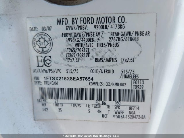 12661049 :رقم المزاد ، 1FTSX215X8EA57654 vin ، 2008 Ford Super Duty F-250 Srw Fx4/lariat/xl/xlt مزاد بيع
