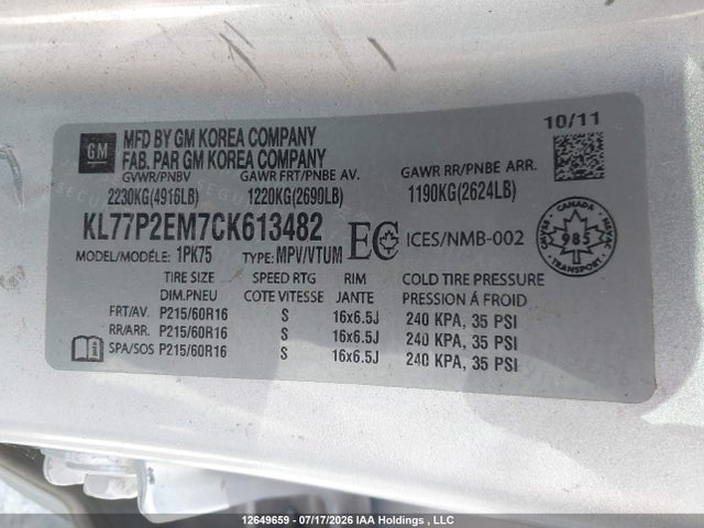 Продаж на аукціоні авто 2012 Chevrolet Orlando 1lt/2lt, vin: KL77P2EM7CK613482, номер лоту: 12649659