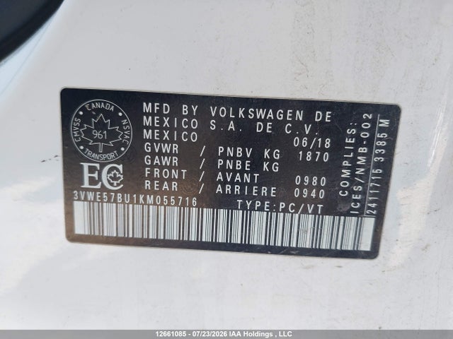 2019 Volkswagen Jetta მანქანა იყიდება აუქციონზე, vin: 3VWE57BU1KM055716, აუქციონის ნომერი: 12661085
