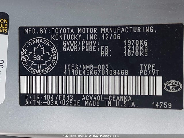 Aukcja sprzedaży 2007 Toyota Camry Ce/le/xle/se, vin: 4T1BE46K67U108468, numer aukcji: 12661089