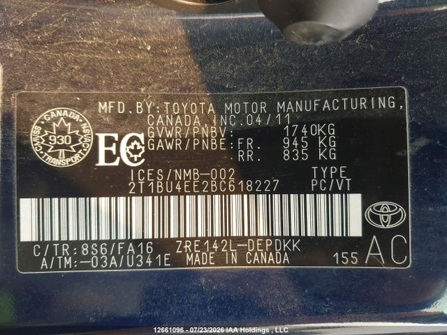 Продаж на аукціоні авто 2011 Toyota Corolla S/le, vin: 2T1BU4EE2BC618227, номер лоту: 12661096