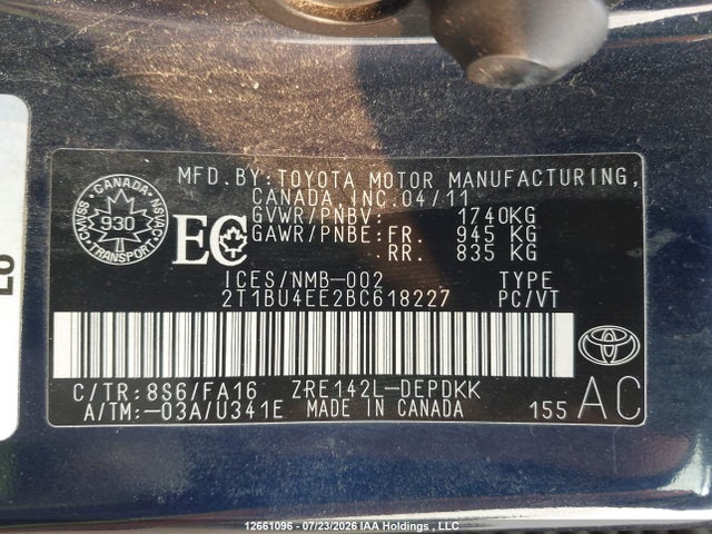 Продаж на аукціоні авто 2011 Toyota Corolla S/le, vin: 2T1BU4EE2BC618227, номер лоту: 12661096