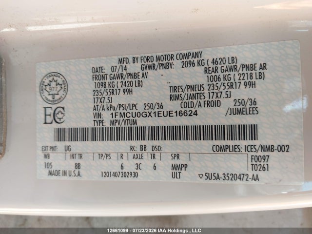 Продаж на аукціоні авто 2014 Ford Escape Se, vin: 1FMCU0GX1EUE16624, номер лоту: 12661099