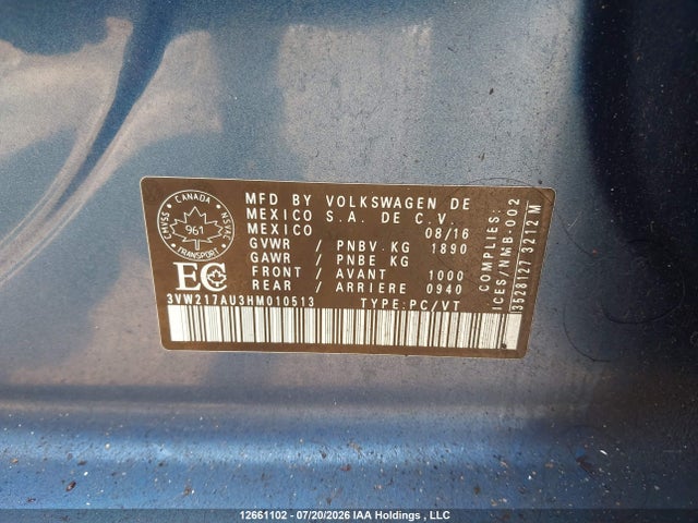 12661102 :رقم المزاد ، 3VW217AU3HM010513 vin ، 2017 Volkswagen Golf S/wolfsburg/se/sel مزاد بيع