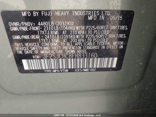 12661109 :رقم المزاد ، JF2SJCHC8FH833160 vin ، 2015 Subaru Forester 2.5i Limited مزاد بيع