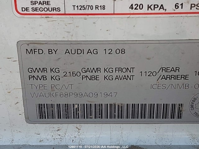 2009 Audi A3 2.0t Quattro მანქანა იყიდება აუქციონზე, vin: WAUKF68P99A091947, აუქციონის ნომერი: 12661118