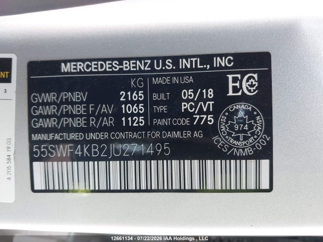 Aukcja sprzedaży 2018 Mercedes-benz C 300 4matic, vin: 55SWF4KB2JU271495, numer aukcji: 12661134