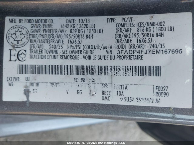 12661136 :رقم المزاد ، 3FADP4FJ7EM167695 vin ، 2014 Ford Fiesta مزاد بيع